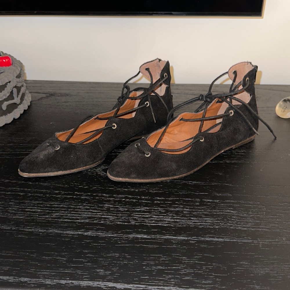 Lucky Brand Flats with Ankle Wrap. Black Suede